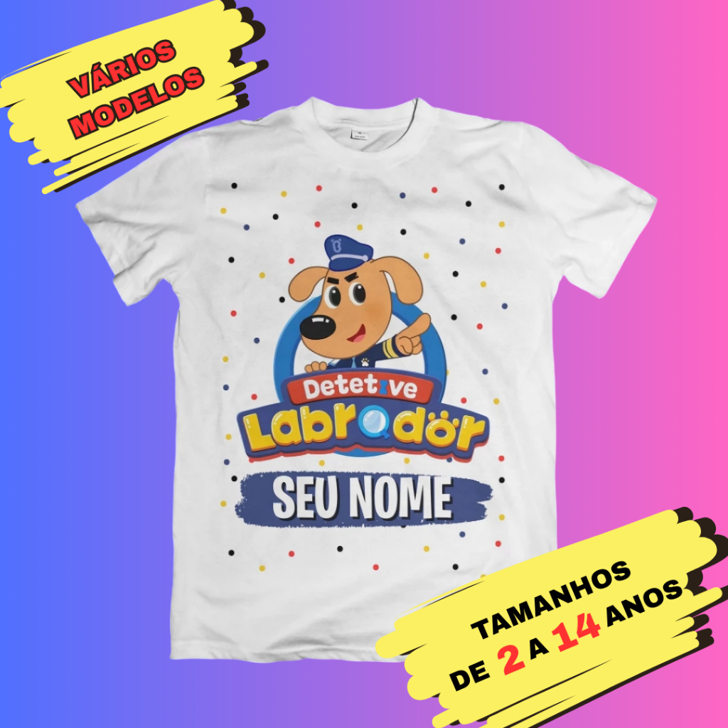 Camiseta Infantil Unissex Detetive Labrador Personalizada com Nome - Poliéster Dobie Papillon em Oferta na Shopee