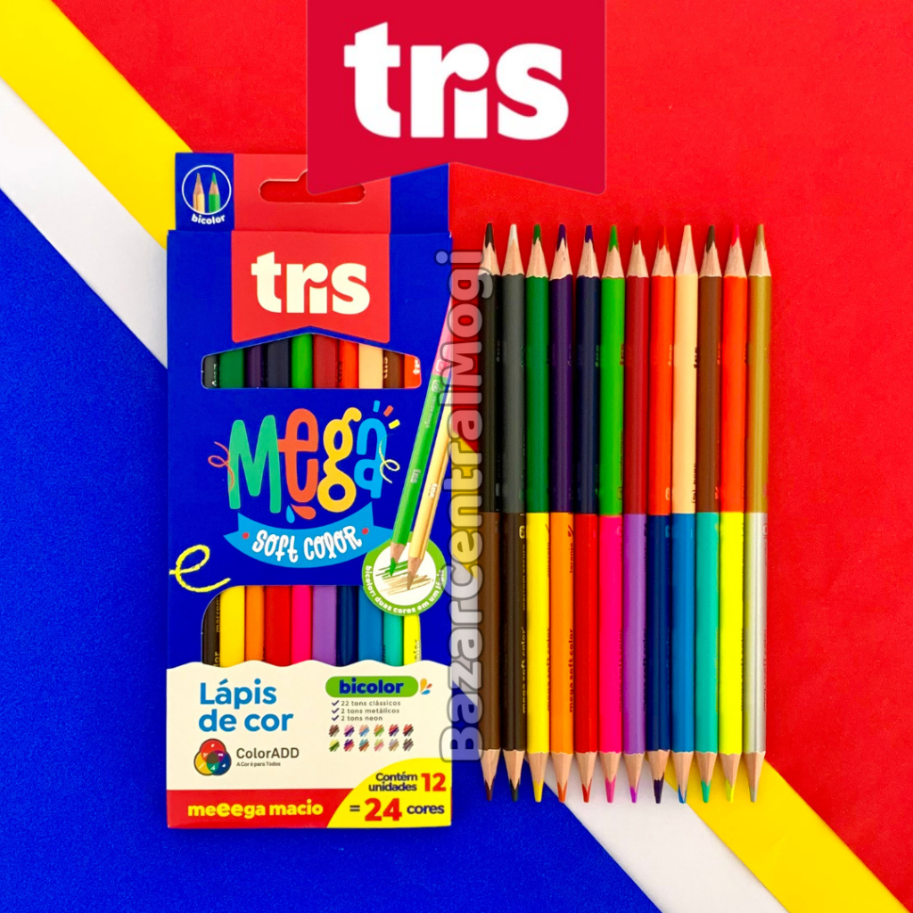 Lápis de Cor Tris Mega Soft Color Bicolor 24 Cores Super Macio Duas Pontas