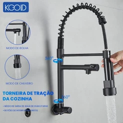 Torneira de Cozinha Gourmet Monocomando KGOLD com Extensor de Chuveiro Flexível e Tubo Ajustável 360°