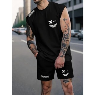 Conjunto Regata Machão Dreaming Sorriso Camiseta Camisa Masculina Bermuda Moletom com Bolso Algodão Esporte Casual