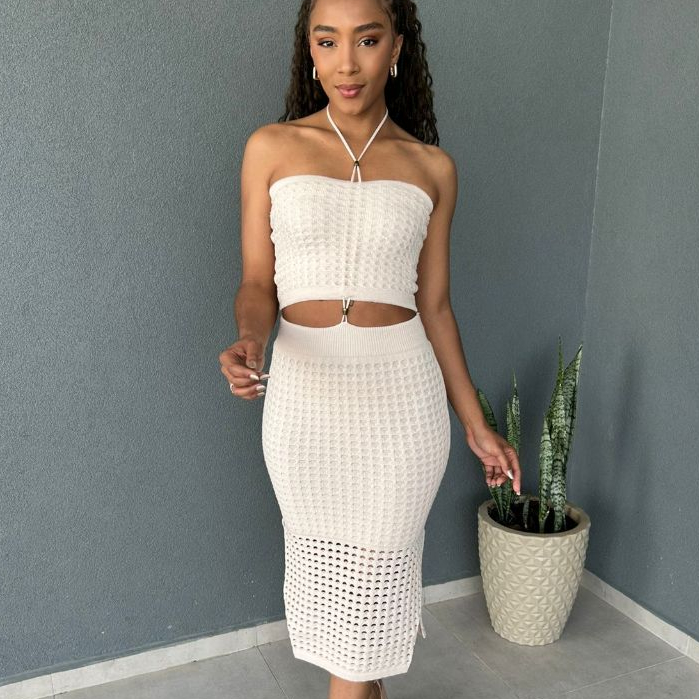 Conjunto Tricot Verão Feminino – Top Tomara que Caia com Amarração + Saia Midi | Estilo Praia Chic em Oferta na Shopee