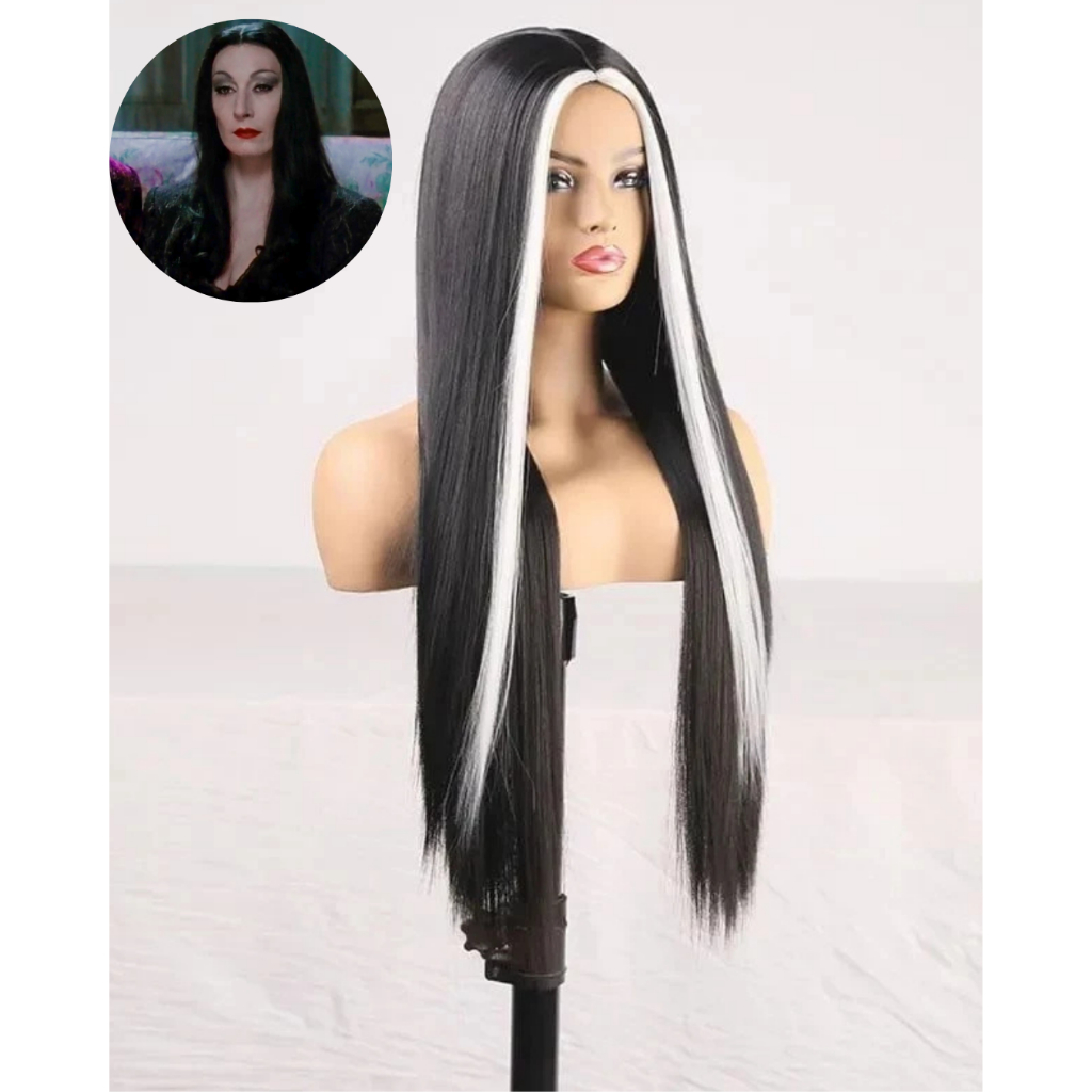 Peruca Longa Lisa com Mecha Branca Personagem Mortícia Addams festas temáticas, Halloween, cosplay