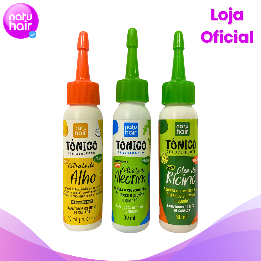 Kit tônico capilar Natuhair 30 ml - Alho + Alecrim + Rícino Super Crescimento Antiqueda Vegano