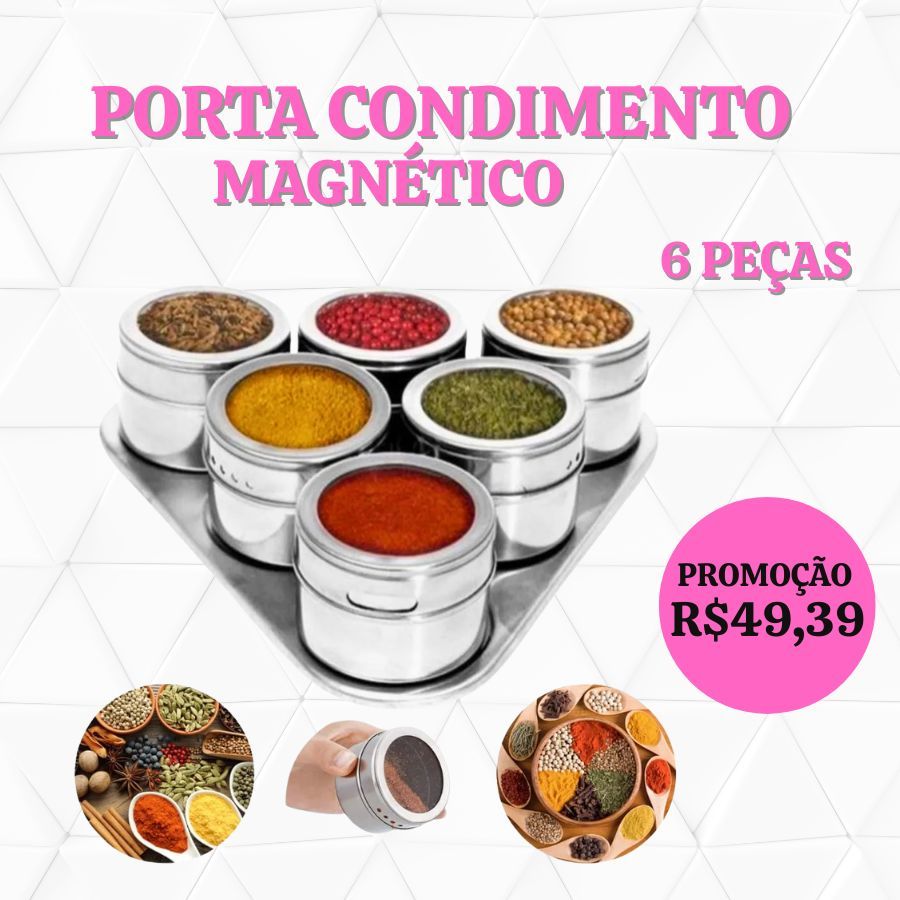 Porta Condimento 6 peças Tempero Inox Magnético Imã Geladeira