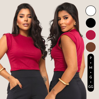 Blusa Feminina Muscle Tee Regata Gola Alta Ribana Canelada Baby Tee T-shirt Casual Baby Look