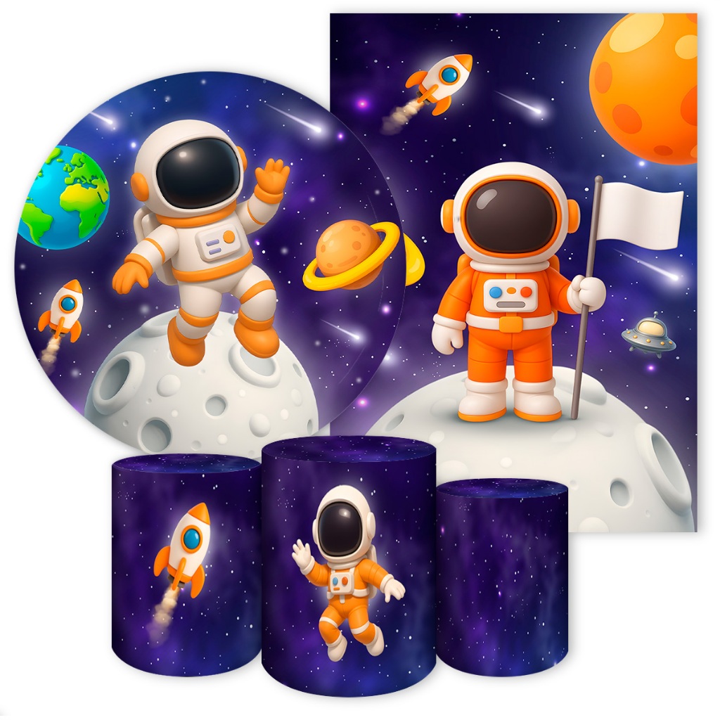 Kit Painel Tecido Sublimado Festivo Tema Astronauta Painel Redondo Capa Cilindro Painel Romano — imagem 2 de 2