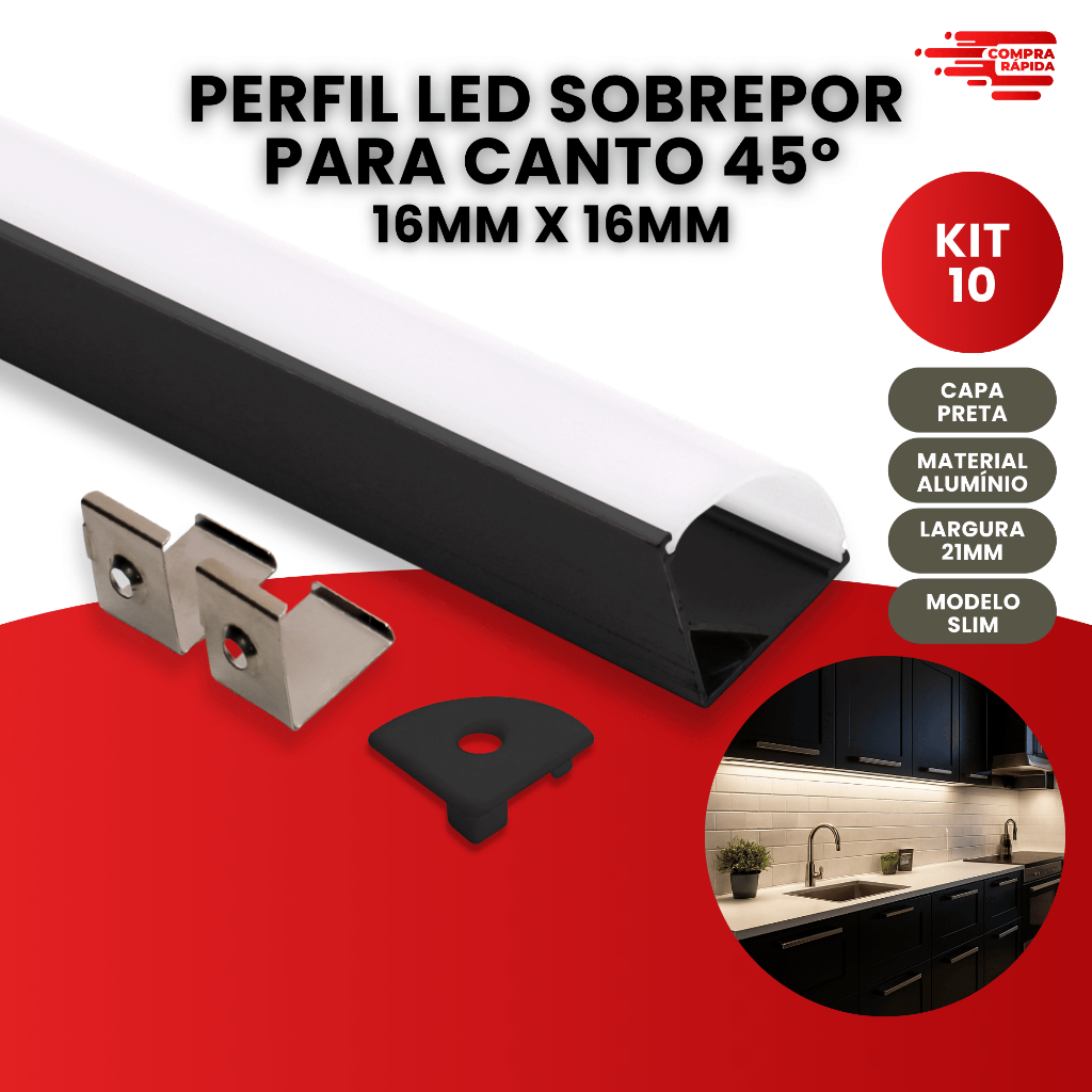 Kit 10 Metros Perfil De Canto Preto Led 45° 16x16mm Sobrepor Iluminação Ambiente Decorativo em Oferta na Shopee