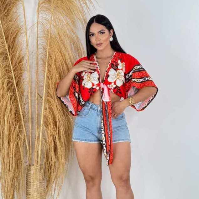 Cropped Blusa Amarração Estampado Manga Japonesa Larga Moda Blogueira