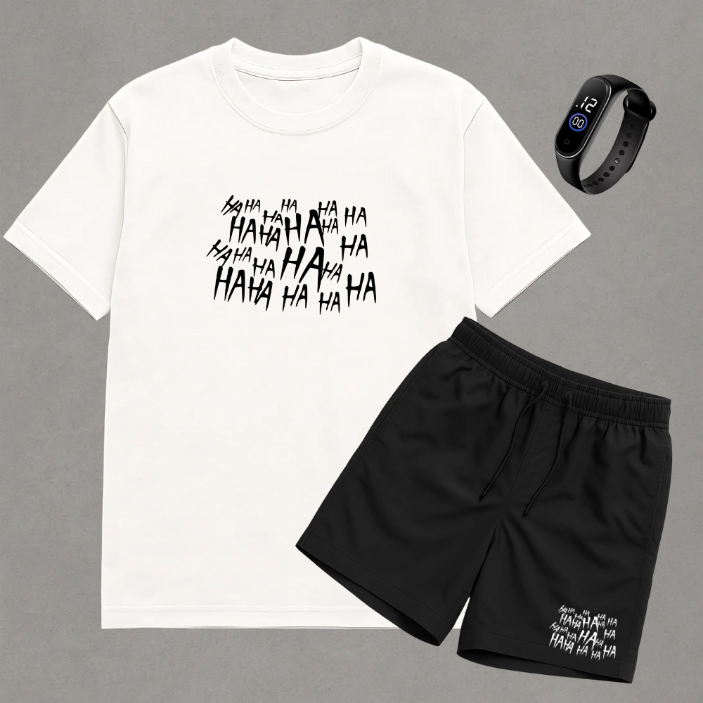 Kit Camiseta e Shorts Tactel Conjunto Masculino para Treinar Academia Estampa Coringa Haha + Relógio