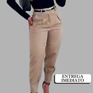 Calça Cenoura Feminina Alfaiataria Estilo Social com Bolso, Pence e Zíper – Tecido Alfaiataria