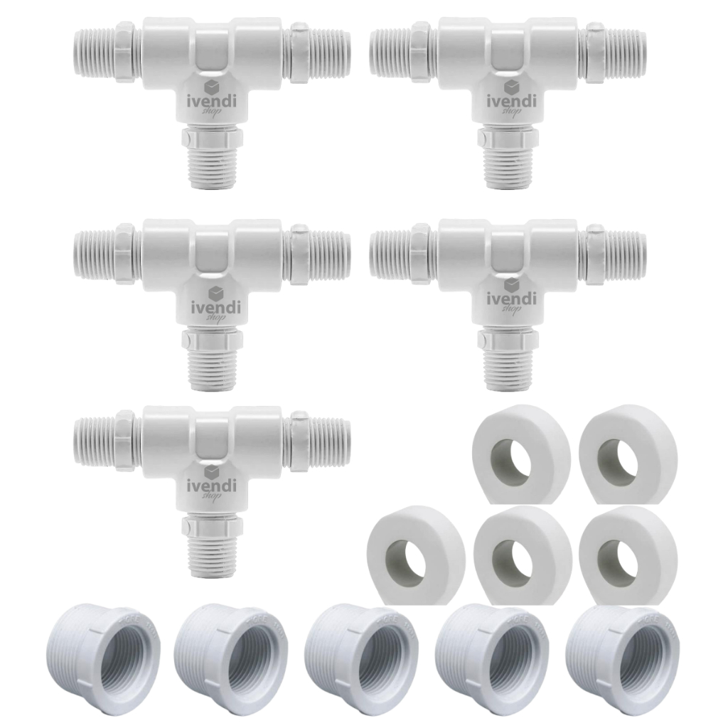 5x Adaptador Conector Engates Tee Torneira Monocomando 1/2" PVC + Bucha + Veda Rosca Usar Agua Fria