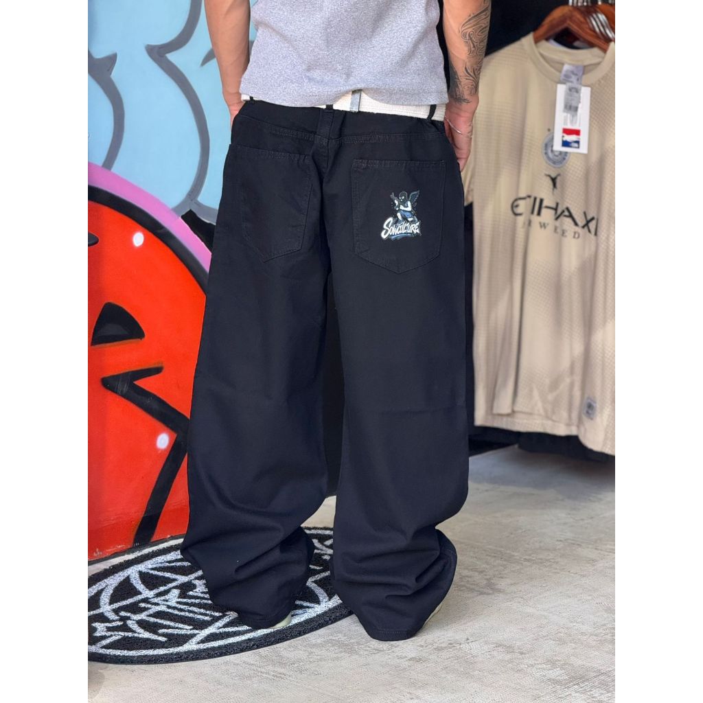 Calça Jeans Preta Anjo Baggy Larga Balão Hip Hop Street Skate novidade lançamento promoção em Oferta na Shopee