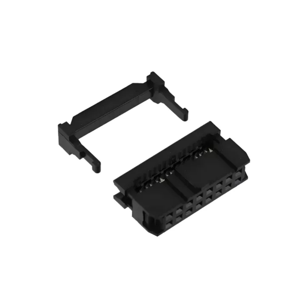 Conector IDC Fêmea 16 Vias Latch Para Cabo Flat Com Aliviador Preto