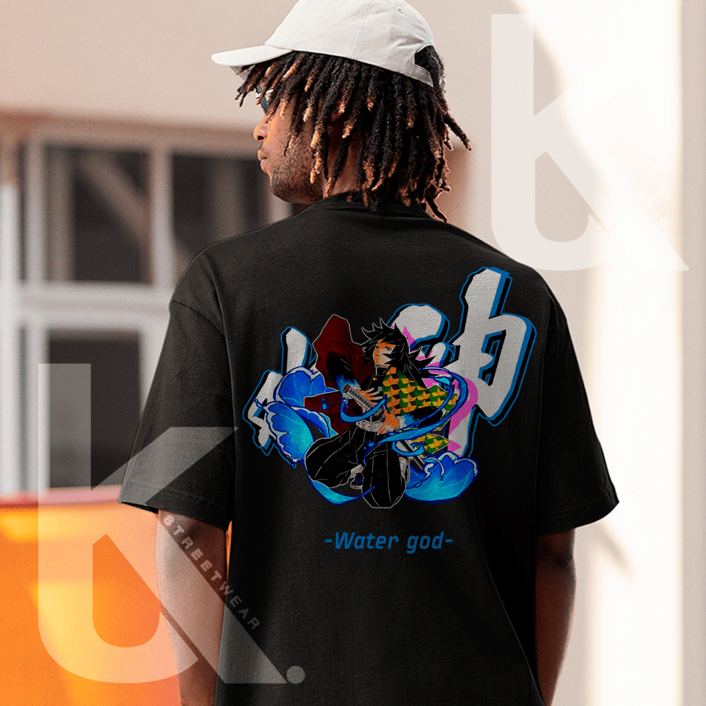 Camiseta Oversized Anime para Academia Musculação Confortável Casual Streetwear Tomioka Water God Kimetsu Demon Slayer