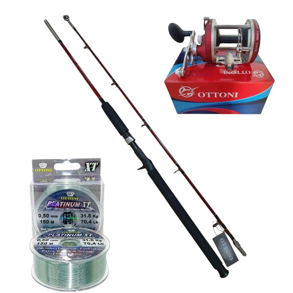 Kit Para Pesca De  Peixes Grandes - Carretilha Bruta JJ300 + Vara 80Lbs Trava Rosca 100m Linha Mono