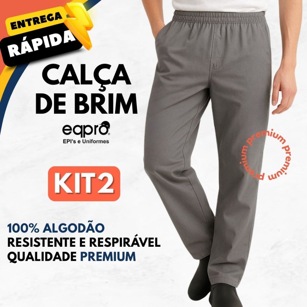 Kit 2 Calça Brim Cinza 100% Algodão para Trabalho Uniforme Profissional Tecido Pesado Costura Tripla