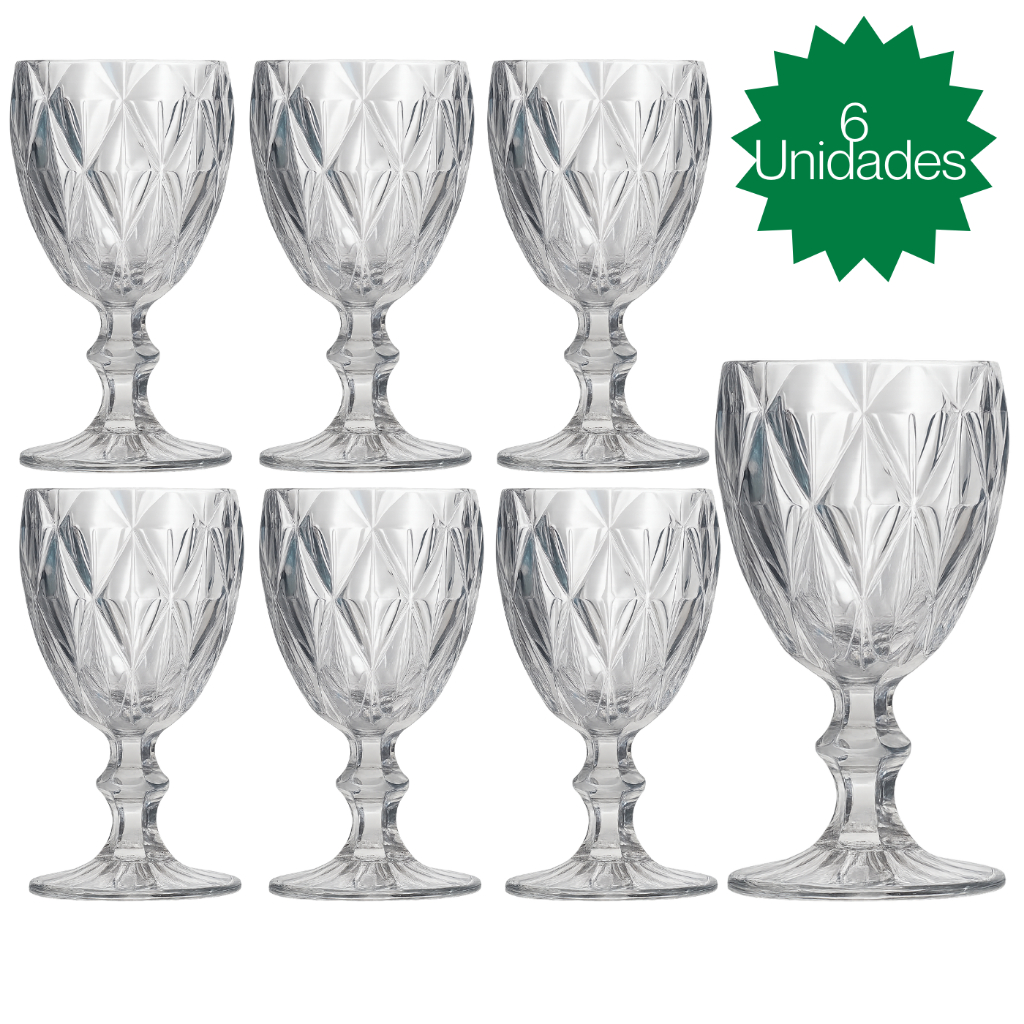 Jogo 6 Taça Diamante Copo Vidro Transparente Bico De Jaca 330ml