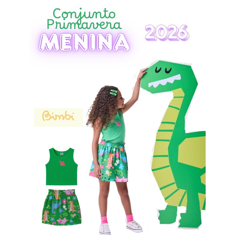 Conjunto Infantil Menina Bimbi Dino, Blusa e saia em algodão ,Blusa box em ribana saia estampada