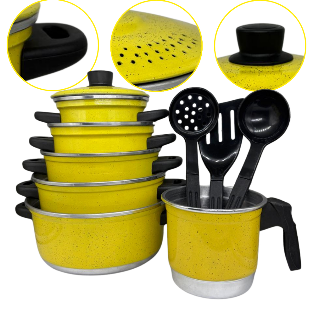 Jogo de Panelas 5 Peças Amarelo Alumínio + Fervedor 12 cm com 3 Espátulas