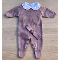 Saida de Maternidade Jardineira Menina em Tricot Esther Rosê 3 Peças