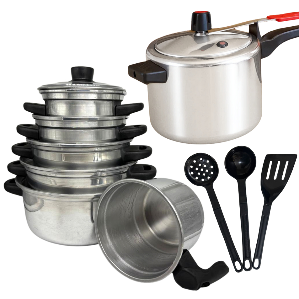 conjunto Jogo de Panelas Aluminio  Polido 5 Pçs  Com Caneco Fervedor  n 12 e Panela de Pressão 4,5 Litros  + Espátulas