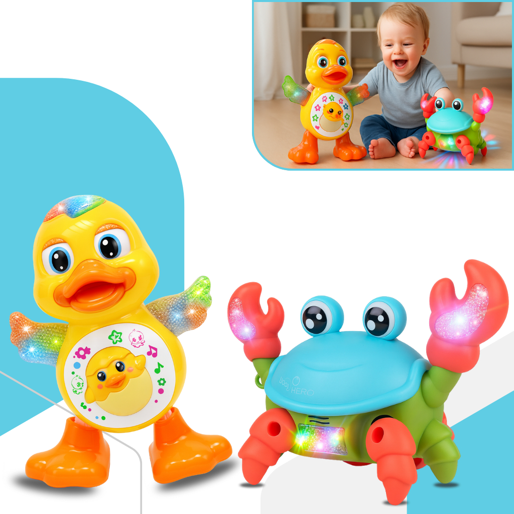 Kit 1/2 Brinquedos Infantil Pato Musical e Caranguejo Fujão de Luz Movimento Criança Bebê Dia Da Crianças em Oferta na Shopee