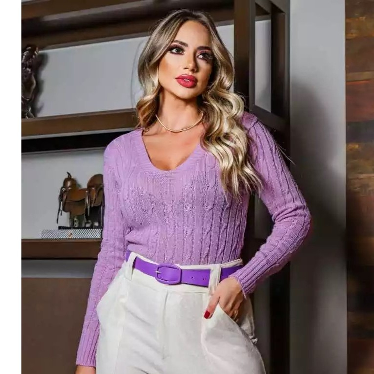 Blusa de Frio Tricot Feminina Manga Longa Decote V Trancinha Moda Inverno