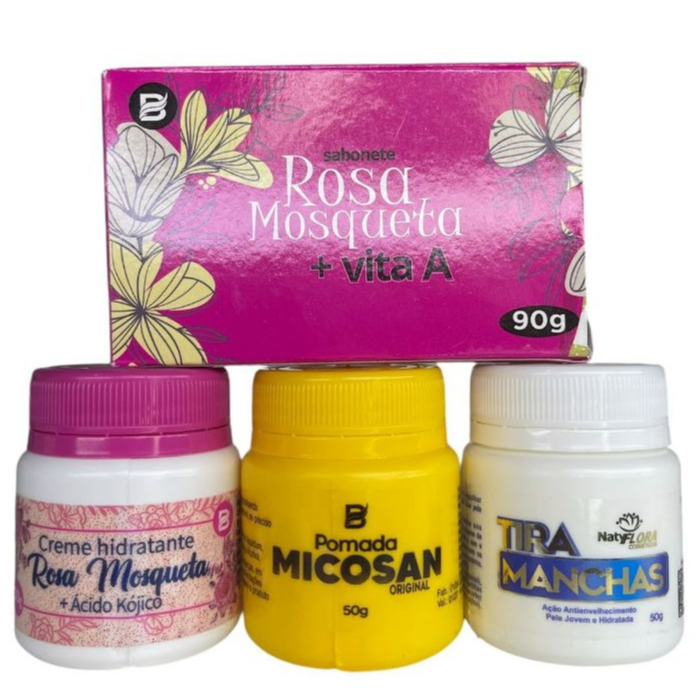 Kit com Cremes Clareadores Micosan, Rosa Mosqueta e Tira Manchas 4 Un. Baruc Cosméticos e NatyFlora