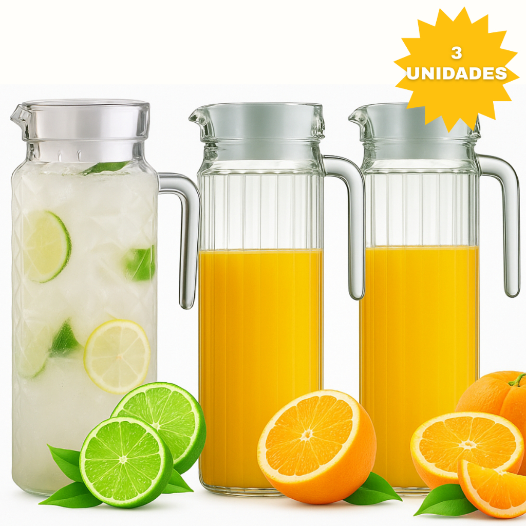🔥 _JARRAS DE VIDRO PARA SUA GELADEIRA! 🥤❄️_  
_3 Jarras Rubi de Vidro para Porta de Geladeira 1,1 Litros com Tampa_  
✅ Armazene bebidas com estilo e praticidade  
✅ Tampa hermética que garante frescor e sabor  
✅ Design elegante que dá um charme à sua co