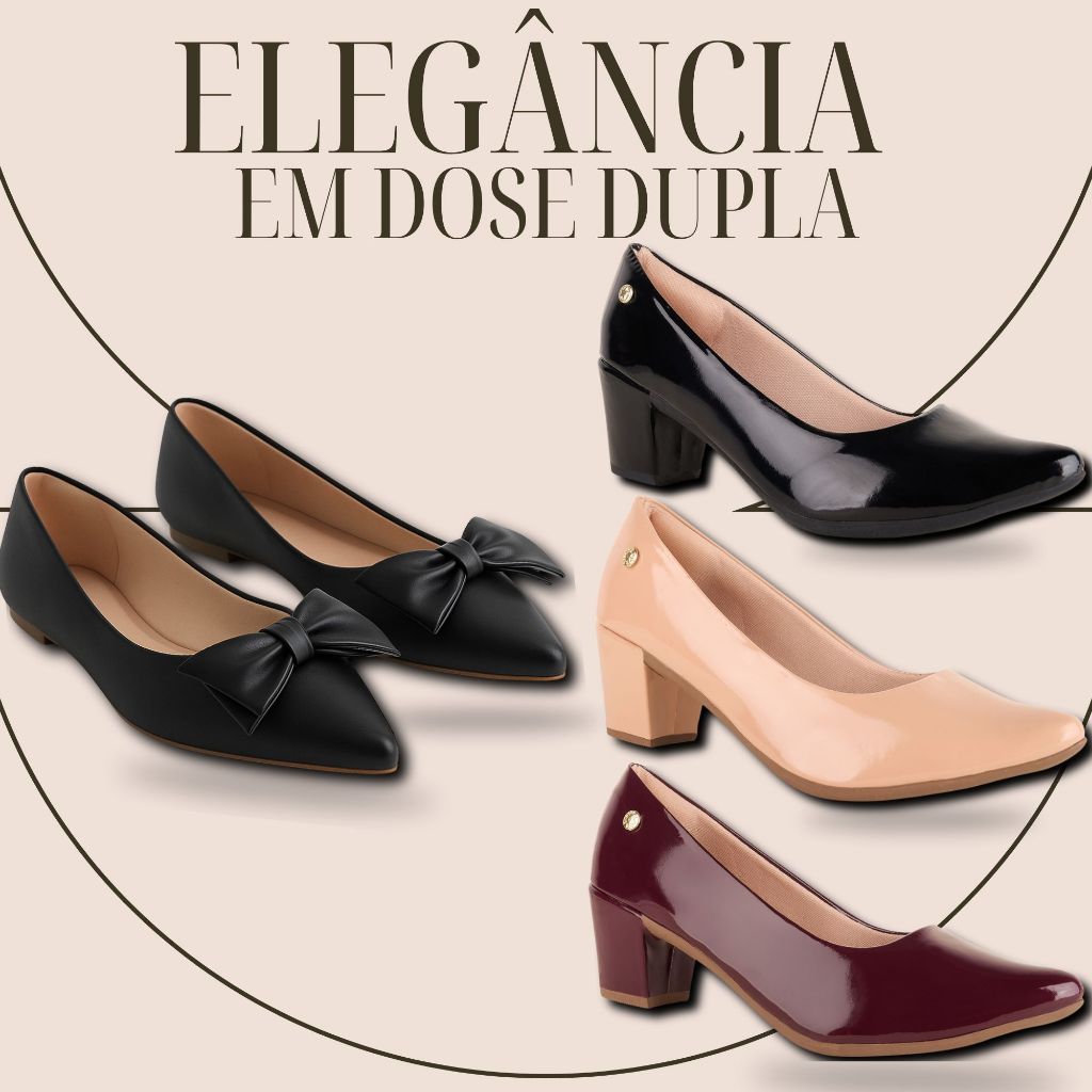 Kit 2 Pares Sapatilha Feminina Bico Fino Laço de Nó & Scarpin Feminino Verniz Bico Fino Salto Grosso