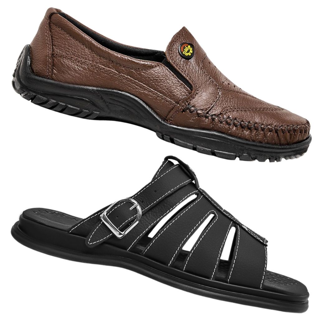 Kit Sapato Mocassim e Sandália Chinelo Masculino Couro Legítimo Casual Ortopédico Confortável