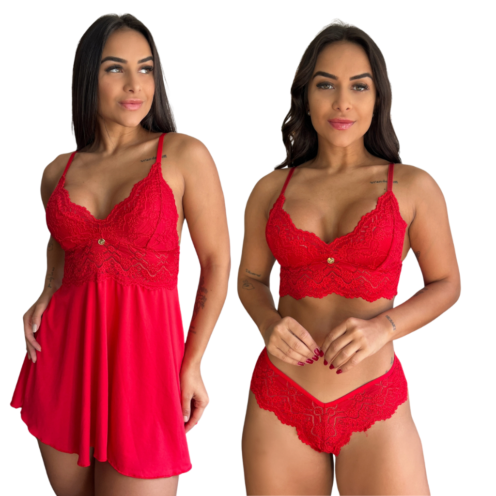 Kit 1 Camisola Feminina Sensual Pijama de Dormir Rendada +1 Conjunto Sutiã Sem Bojo E Calcinha Fio Dental Sexy com Renda