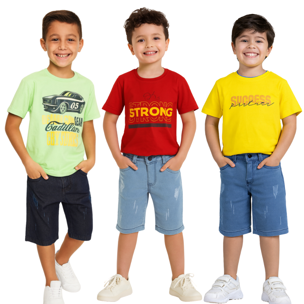 Trajes E Conjuntos Verão Infantil Menino Juvenil Masculino 3 Bermudas e 3 Camiseta Manga curta