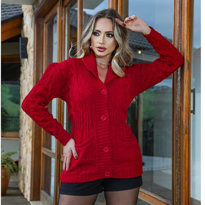 Kit 2 Casacos Femininos Cardigan Trança Manga Longa Casual Elegante Botões Frontais