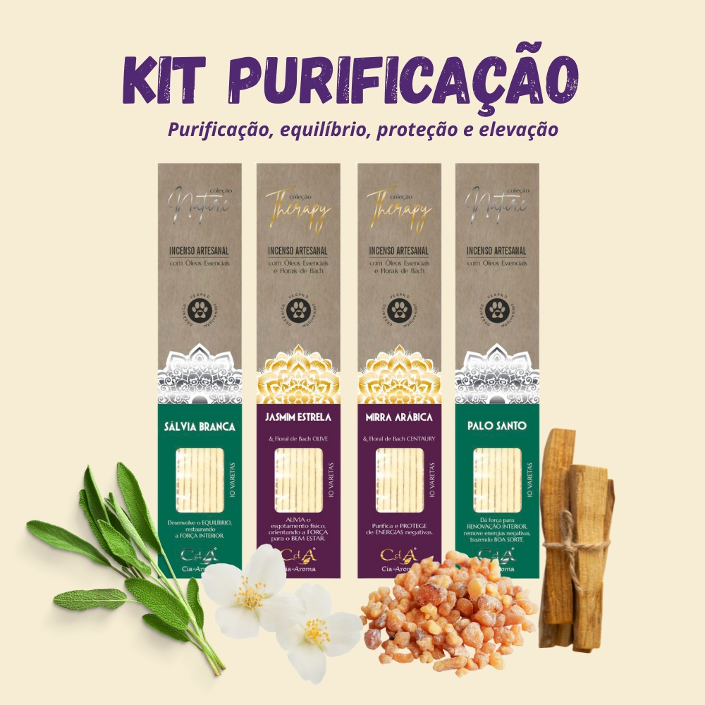 Kit Purificação - 4 Incensos Naturais CdA Cia de Aroma Sálvia Branca, Jasmim, Mirra e Palo Santo