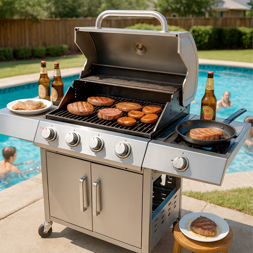 Imagem Churrasqueira Gas Inox 4 Queimadores a Bafo Termometro Rodinhas Acendimento Automático Profissional