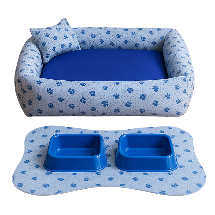 Cama pra cachorro e gato pet luxo fibra kit tapete e comedouro P