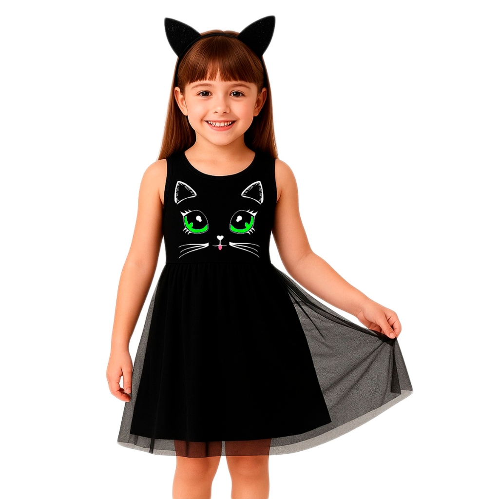 Vestido Infantil Com Tule Temático Fantasia Gatinho Com Tiara de Orelhinha
