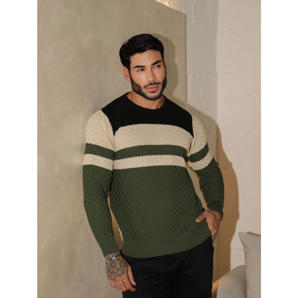 Suéter masculino trama com textura tricot alta qualidade gola redonda manga longa outono inverno envio imediato.