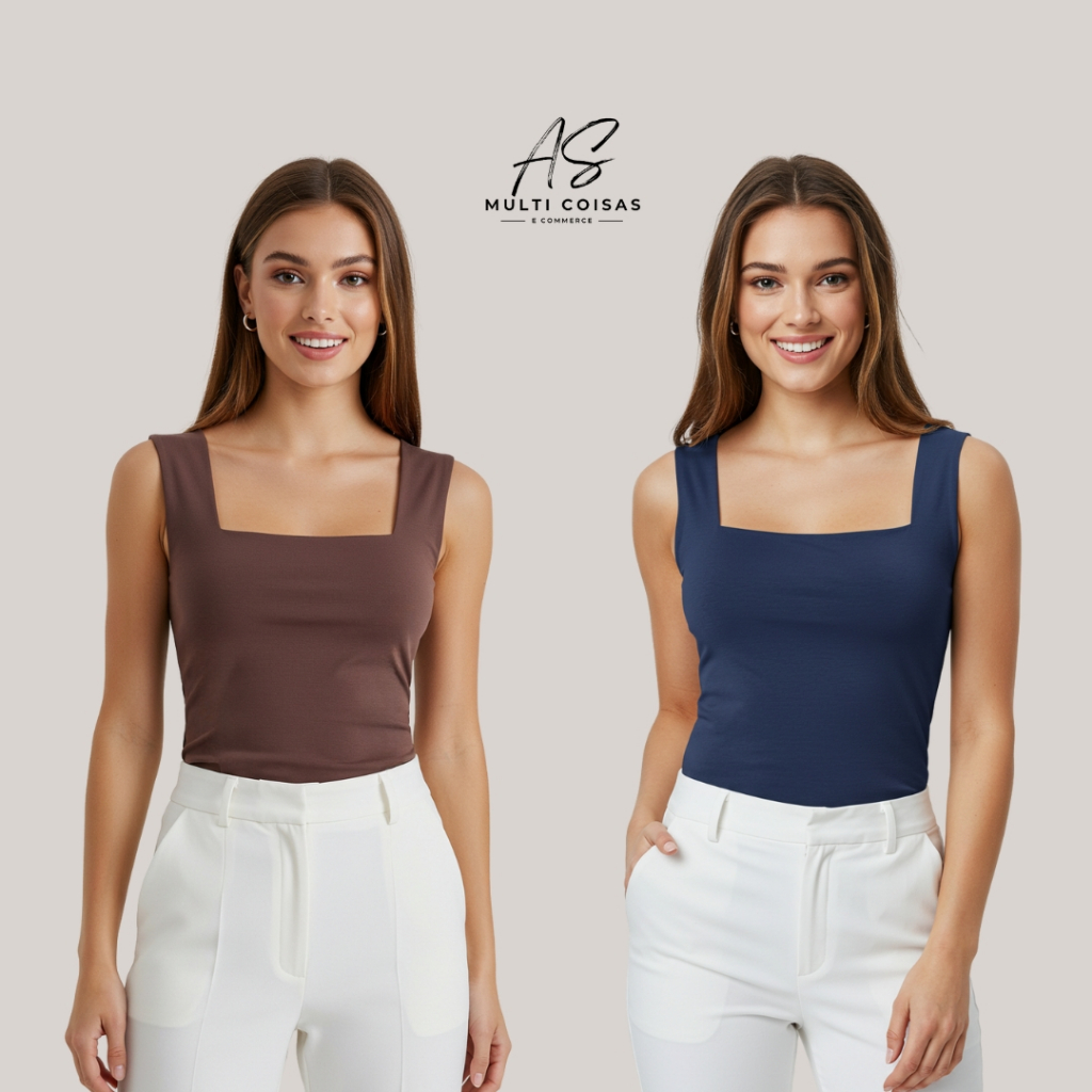 KIT COM 2 REGATAS ALÇA LARGA COM FORRO DUPLO FRONTAL DECOTE QUADRADO NO TECIDO SUPLEX FACULDADE VERÃO em Oferta na Shopee