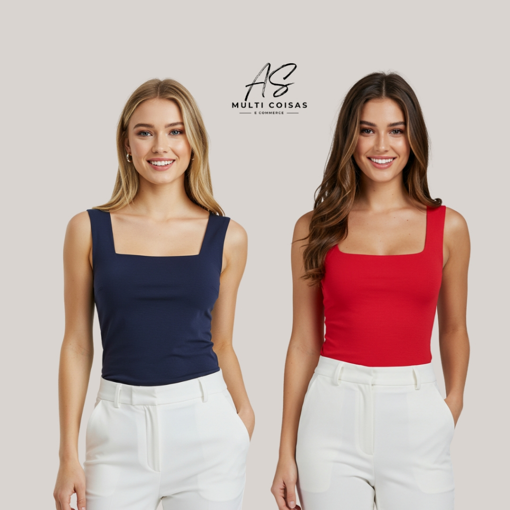 KIT 2 REGATAS ALÇA LARGA COM FORRO DUPLO FRONTAL DECOTE QUADRADO TRABALHO DIA A DIA BÁSICA FACULDADE VERÃO em Oferta na Shopee