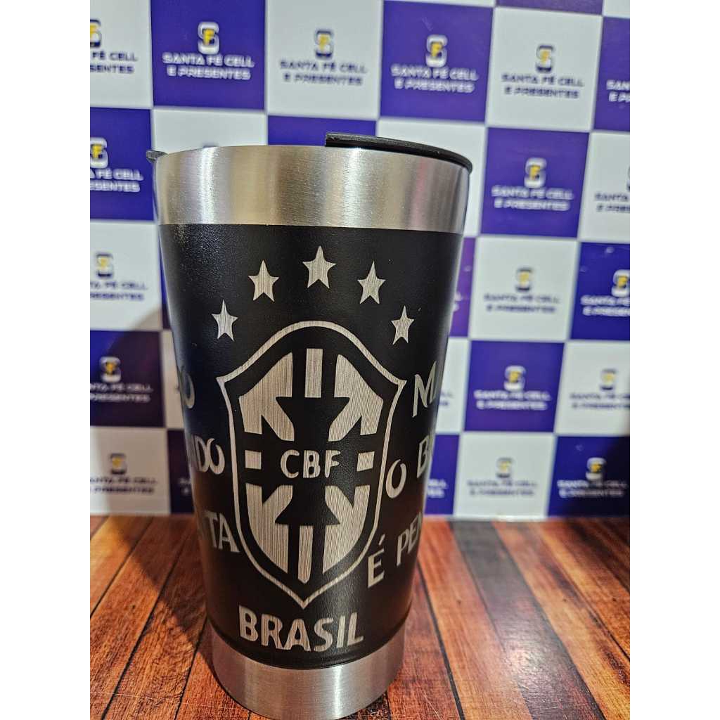 Copo Térmico 473ml Seleção Brasileira Arte Exclusiva com Tampa e Abridor Personalizado Gravação a Laser 360° Inox