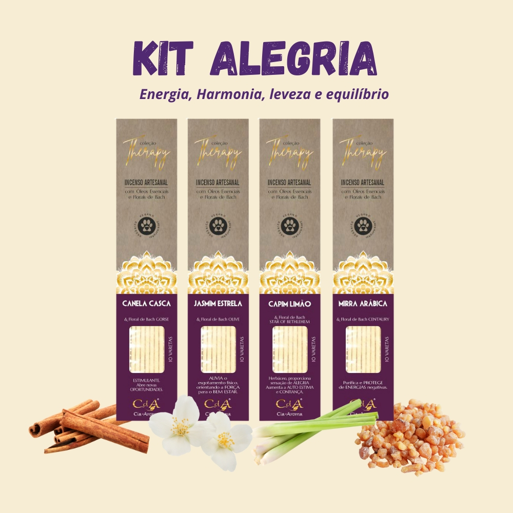 Kit Alegria - com 4 Incensos Naturais CdA Cia de Aroma - Jasmim, Canela, Mirra e Capim Limão