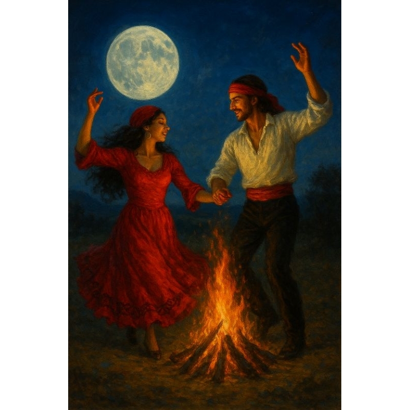 Quadro DECORATIVO Casal Cigano em volta da Fogueira