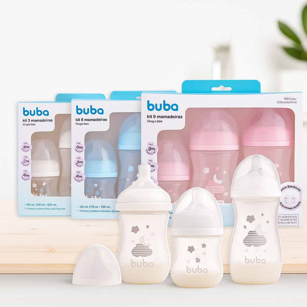 Kit 3 Mamadeiras Easy Flow Nuvem Branca Rosa ou Azul Buba 120ml 270ml 330ml Anticólica Mamadeira