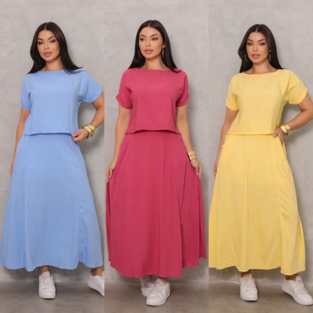 Conjunto Midi Feminino Elegante | Saia com Bolsos + Blusa Soltinha Viscolinho em Oferta na Shopee