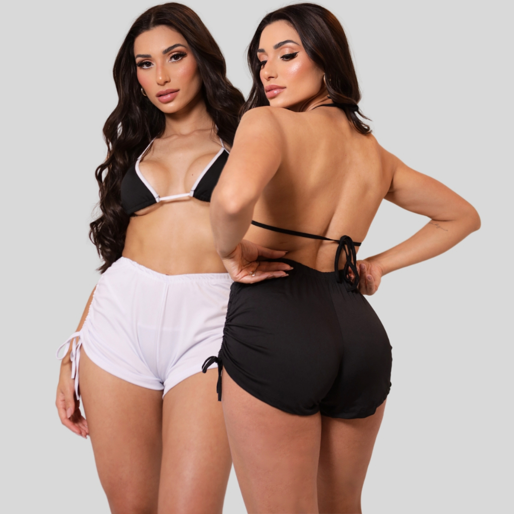 Kit 2 Saída Praia Short Sunkini Piscina Feminino Regulável Ajuste Lateral  Amarração