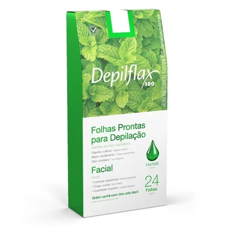 Folhas Prontas de Cera Depilatória Facial 24 unidades Hortelã Depilflax