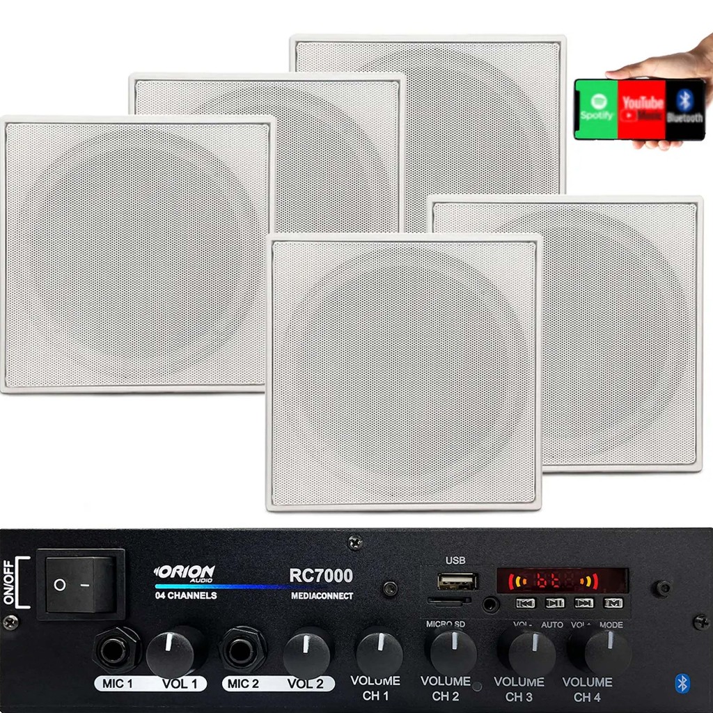 Kit Som Ambiente 500w Amplificador + 5 Caixas de som Teto Embutir Quadrada Branca gesso residencial