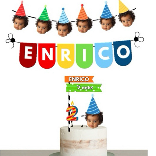 kit é só um bolinho festa com foto aniversariante bandeirola + varal rostinho e topo de bolo menino e menina em Oferta na Shopee